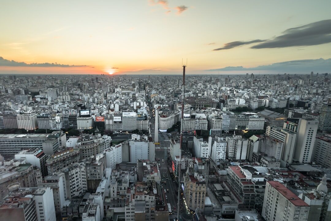 Buenos Aires skyline at dusk with warm city lights